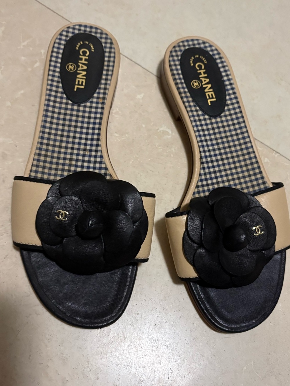CHANEL Beige and Black Camellia Slide Sandals with Gold Logo